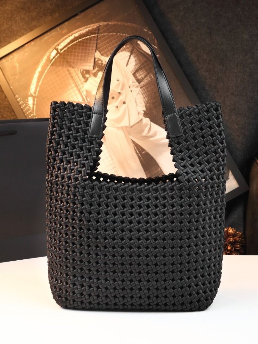 New Genuine Leather Hollow Woven Vintage Handbag, Large Tote, Shoulder Underarm